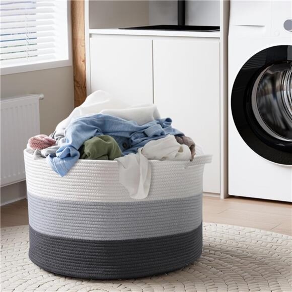 Large Cotton Rope Basket,22"x22"x14"Throw Blanket Storage for Living Room - Picture 6 of 7